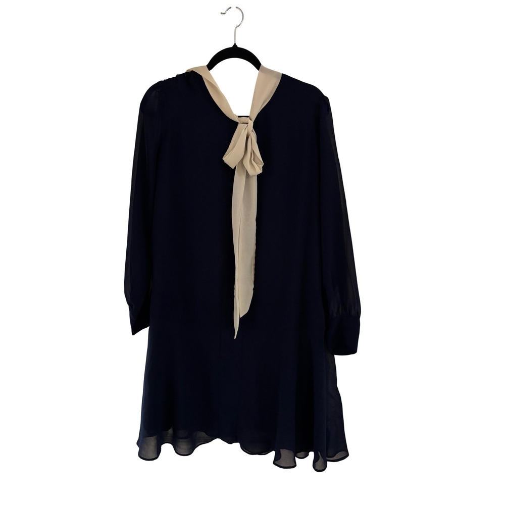 Alexa Admor Womens Navy Blue Chiffon Long Sleeve Tie Neck Shift Mini Dress Med